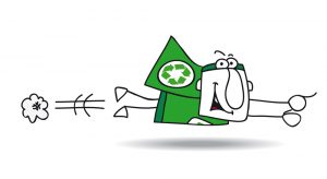 flight of Super recycling hero. Super Recycling Hero is flying very fast ! It's an emergency. He can help your company to recycling her wastes !