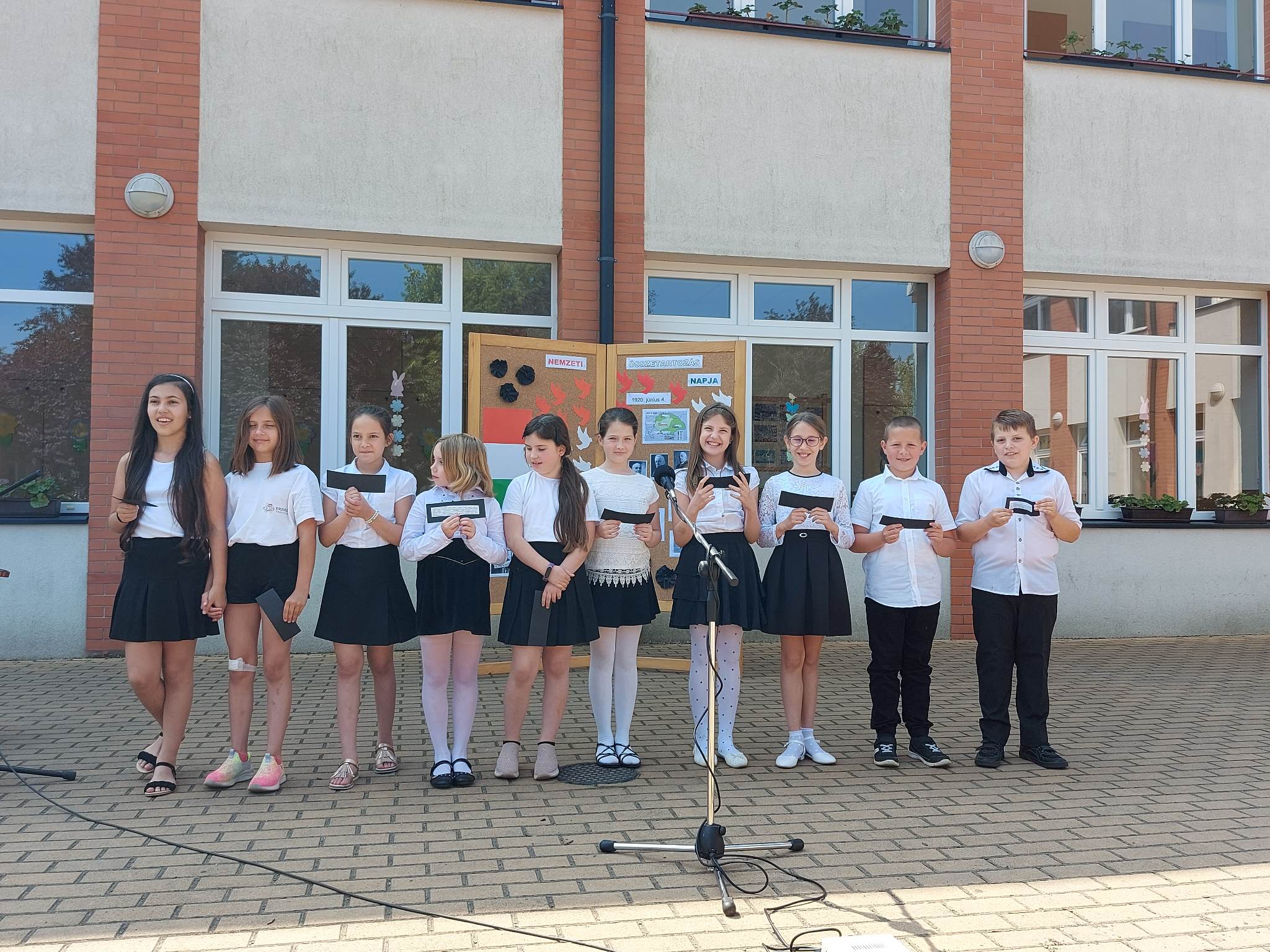 Students of Ebesi Arany János Gá gather around a school mural celebrating National Solidarity Day